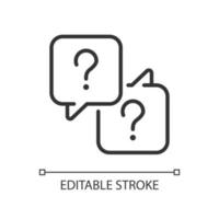 Misunderstanding linear icon. Communication issues. Speech balloons with question marks. Thin line illustration. Contour symbol. Vector outline drawing. Editable stroke.