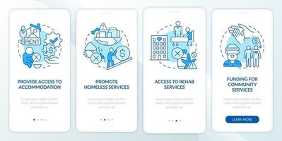 Government supportive programs blue onboarding mobile app screen. Walkthrough 4 steps graphic instructions pages with linear concepts. UI, UX, GUI template. vector