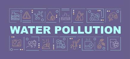 Polluted water consequences word concepts dark purple banner. Natural sources. Infographics with icons on color background. Isolated typography. Vector illustration with text.