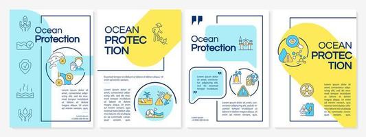 Ocean conservation blue and yellow brochure template. Protecting marine areas. Leaflet design with linear icons. 4 vector layouts for presentation, annual reports.
