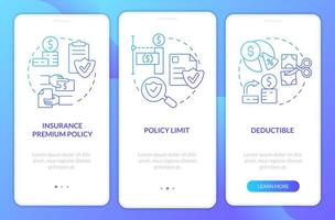 Insurance components blue gradient onboarding mobile app screen. Cover walkthrough 3 steps graphic instructions pages with linear concepts. UI, UX, GUI template. vector