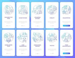 Food security blue gradient onboarding mobile app screen set. Problems walkthrough 5 steps graphic instructions pages with linear concepts. UI, UX, GUI template. vector