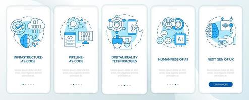 Tech macro trends blue onboarding mobile app screen. Digital systems walkthrough 5 steps graphic instructions pages with linear concepts. UI, UX, GUI template. vector