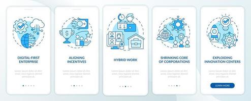 Trends in enterprise blue onboarding mobile app screen. Business walkthrough 5 steps graphic instructions pages with linear concepts. UI, UX, GUI template. vector