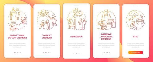 Mental illnesses in children red gradient onboarding mobile app screen. Walkthrough 5 steps graphic instructions pages with linear concepts. UI, UX, GUI template. vector