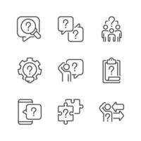Solving different questions linear icons set. Looking for answers. Information support service. Customizable thin line symbols. Isolated vector outline illustrations. Editable stroke