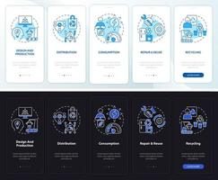 Circular economy steps night and day mode onboarding mobile app screen. Walkthrough 5 steps graphic instructions pages with linear concepts. UI, UX, GUI template. vector