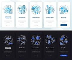 Circular economy steps night and day mode onboarding mobile app screen. Walkthrough 5 steps graphic instructions pages with linear concepts. UI, UX, GUI template. vector