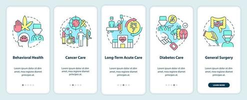 Types of medical services onboarding mobile app screen. Patient care walkthrough 5 steps graphic instructions pages with linear concepts. UI, UX, GUI template. vector