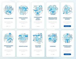 Poverty and homelessness issues blue onboarding mobile app screen set. Walkthrough 5 steps graphic instructions pages with linear concepts. UI, UX, GUI template. vector