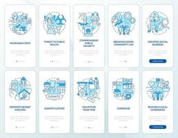 problemas de pobreza y falta de vivienda conjunto de pantalla de aplicación móvil de incorporación azul. tutorial 5 pasos páginas de instrucciones gráficas con conceptos lineales. interfaz de usuario, ux, plantilla de interfaz gráfica de usuario. vector