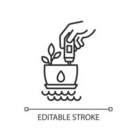 Water temperature measurement linear icon. Use water of room temperature. Watering plants. Thermometer. Thin line illustration. Contour symbol. Vector outline drawing. Editable stroke.