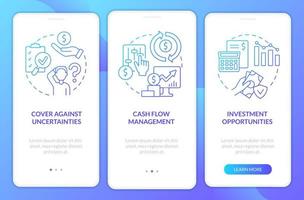 Benefits of insurance service blue gradient onboarding mobile app screen. Walkthrough 3 steps graphic instructions pages with linear concepts. UI, UX, GUI template. vector