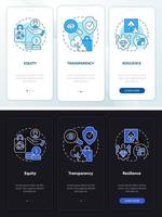 Emergent features night and day mode onboarding mobile app screen. Walkthrough 3 steps graphic instructions pages with linear concepts. UI, UX, GUI template. vector