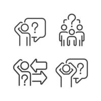 Asking and answering questions linear icons set. Sharing information field. Social communication. Customizable thin line symbols. Isolated vector outline illustrations. Editable stroke