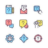 Necessary information service RGB color icons set. Answering on questions. Finding best solution. Isolated vector illustrations. Simple filled line drawings collection. Editable stroke