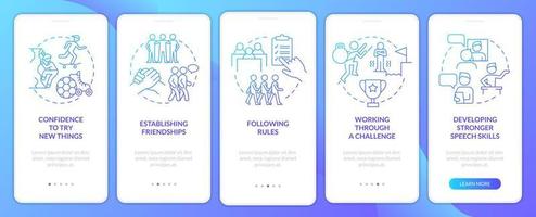 Healthy childhood development blue gradient onboarding mobile app screen. Walkthrough 5 steps graphic instructions pages with linear concepts. UI, UX, GUI template. vector