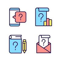 Questions in business and education RGB color icons set. Information support service. Corporate data. Isolated vector illustrations. Simple filled line drawings collection. Editable stroke