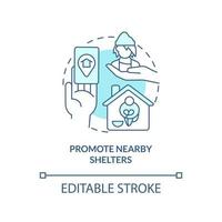 Promote nearby shelters turquoise concept icon. Temporary accommodation abstract idea thin line illustration. Isolated outline drawing. Editable stroke. vector