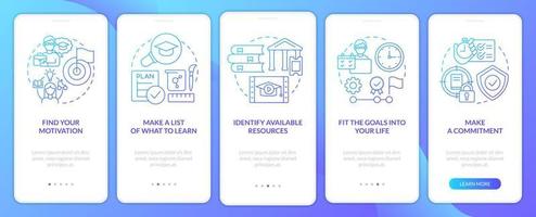 Adopting lifelong learning blue gradient onboarding mobile app screen. Walkthrough 5 steps graphic instructions pages with linear concepts. UI, UX, GUI template. vector