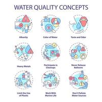 conjunto de iconos de concepto de calidad del agua. proteger el agua de la idea de contaminación ilustraciones en color de línea delgada. limpiezas de playas. símbolos aislados. trazo editable. vector