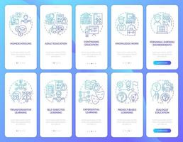 Lifelong learning blue gradient onboarding mobile app screen set. Walkthrough 5 steps graphic instructions pages with linear concepts. UI, UX, GUI template. vector