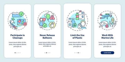 Protecting marine life onboarding mobile app screen. Beach cleanups walkthrough 4 steps graphic instructions pages with linear concepts. UI, UX, GUI template. vector