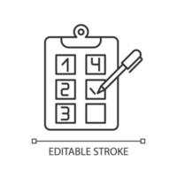 Plan adherence linear icon. Building goals. Business strategy and project. Objectives checklist. Thin line illustration. Contour symbol. Vector outline drawing. Editable stroke.