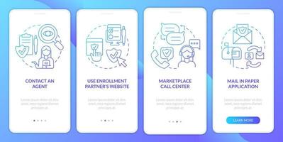 Applying for insurance ways blue gradient onboarding mobile app screen. Walkthrough 4 steps graphic instructions pages with linear concepts. UI, UX, GUI template. vector