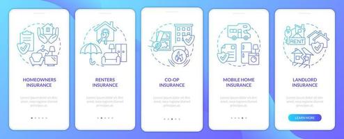 Property insurance blue gradient onboarding mobile app screen. Rental walkthrough 5 steps graphic instructions pages with linear concepts. UI, UX, GUI template. vector