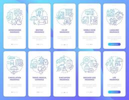 Insurance blue gradient onboarding mobile app screen set. Coverage walkthrough 5 steps graphic instructions pages with linear concepts. UI, UX, GUI template. vector