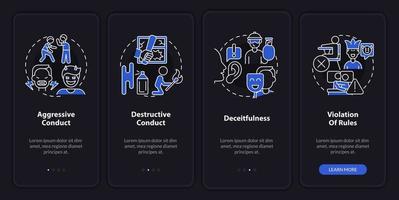 Conduct disorder groups night mode onboarding mobile app screen. Walkthrough 4 steps graphic instructions pages with linear concepts. UI, UX, GUI template.