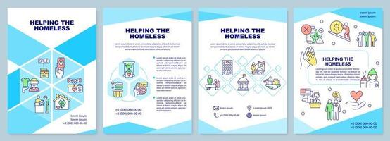 Helping homeless people turquoise brochure template. Supportive program. Leaflet design with linear icons. 4 vector layouts for presentation, annual reports.