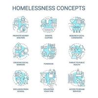 Homelessness turquoise concept icons set. Social barriers idea thin line color illustrations. Promote nearby shelters. Isolated symbols. Editable stroke. vector