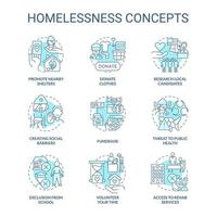 Homelessness turquoise concept icons set. Social barriers idea thin line color illustrations. Promote nearby shelters. Isolated symbols. Editable stroke. vector