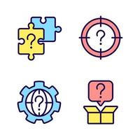 Searching of new problem solutions RGB color icons set. Question marks usage. Alternative answers. Isolated vector illustrations. Simple filled line drawings collection. Editable stroke