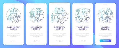 Adult education theories blue gradient onboarding mobile app screen. Walkthrough 5 steps graphic instructions pages with linear concepts. UI, UX, GUI template. vector