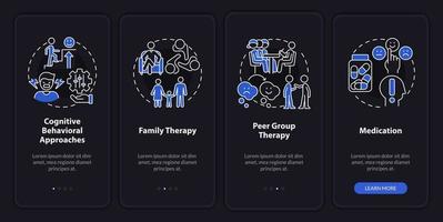 Conduct disorder treatment night mode onboarding mobile app screen. Walkthrough 4 steps graphic instructions pages with linear concepts. UI, UX, GUI template. vector