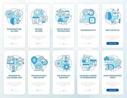 Macro trends blue onboarding mobile app screen set. Tendencies walkthrough 5 steps graphic instructions pages with linear concepts. UI, UX, GUI template. vector