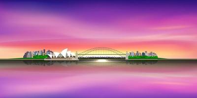 Sydney city opera house twilight and reflections. Vector illustration
