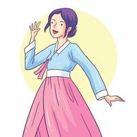 niña dibujada a mano con hanbok vector