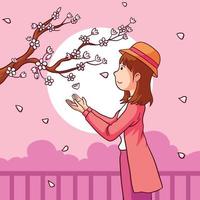 hand drawn cherry blossoms and girl vector