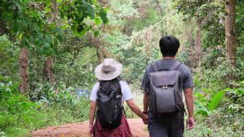 vista traseira de um jovem casal de caminhantes andando de mãos dadas andando na estrada na natureza. casal de turista asiático com mochilas na floresta tropical. video