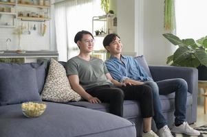 Young smiling gay couple watching TV in the living room at home, LGBTQ and diversity photo