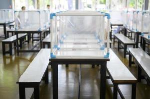 Clear  plastic divider on empty table in food court for Covid-19 protection , New normal, social distancing concept. photo