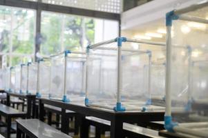 Clear  plastic divider on empty table in food court for Covid-19 protection , New normal, social distancing concept. photo