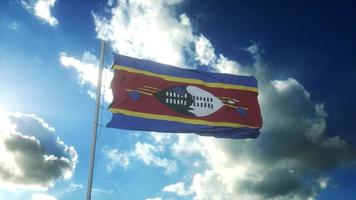 Flag of Eswatini waving at wind against beautiful blue sky. 3d rendering photo