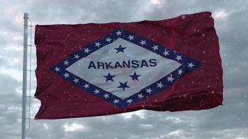 Arkansas winter flag with snowflakes background. United States of America. 3d rendering photo