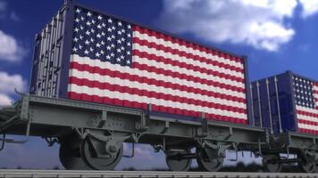 Train and containers with the flag of USA. Railway transportation. 3d rendering photo