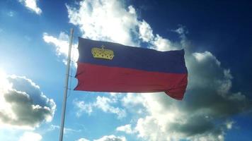 Flag of Liechtenstein waving at wind against beautiful blue sky. 3d rendering photo